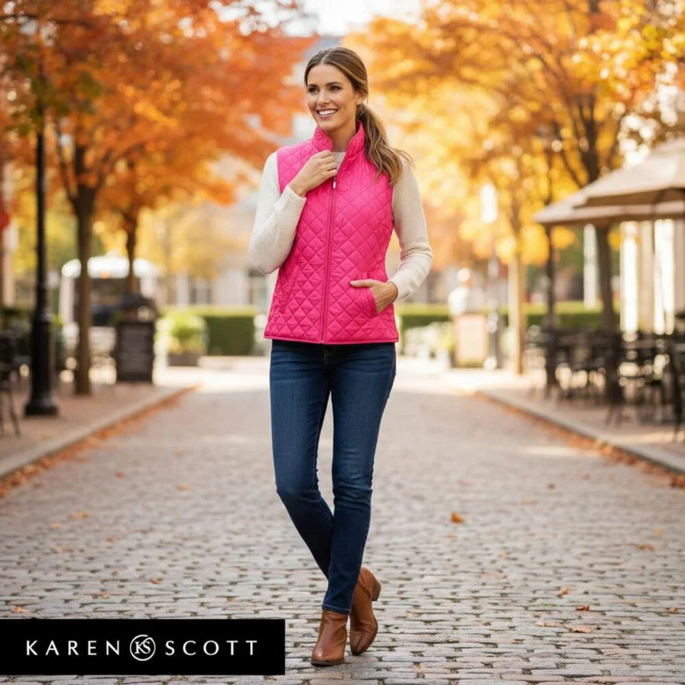 Karen Scott Sport Pink Quilted Puffer Vest Size Large L Athleisure Full Zip - Picture 15 of 15